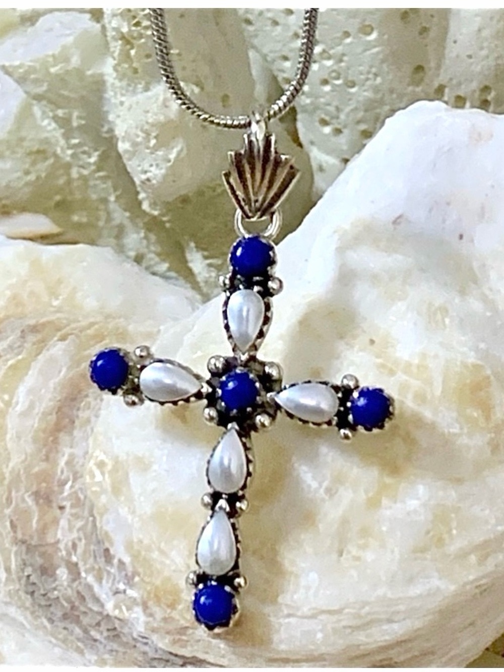 Lapis & Freshwater Pearl Sterling Silver Cross Pendant